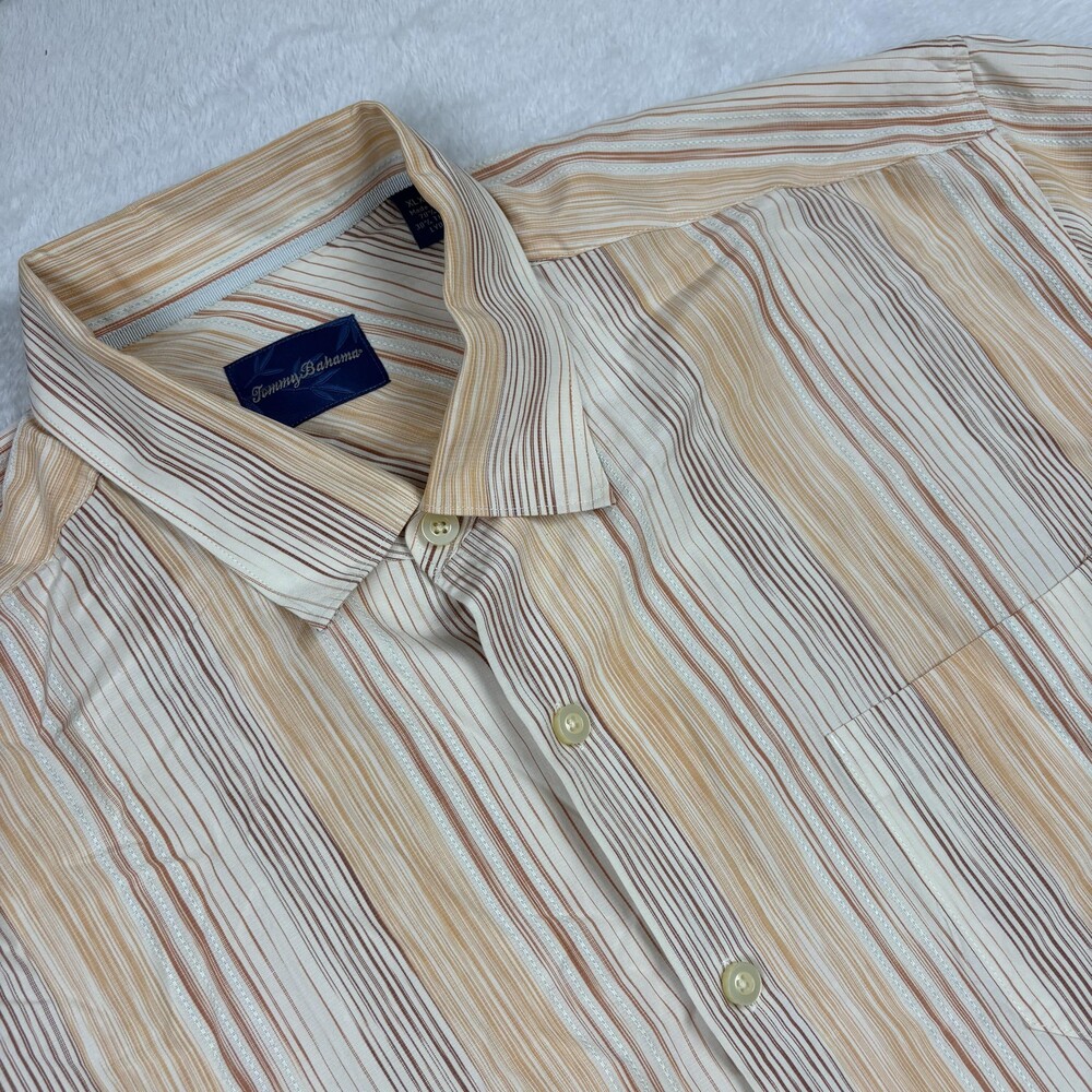 Tommy Bahama Shirt Mens XL Beige Striped Short Sleeve Button-Up Silk Relaxed Fit